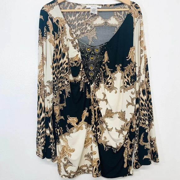 Masseys Top Woman 2X Beaded  Animal Print Stretch Tunic Boho Office Travel Work - Picture 1 of 10